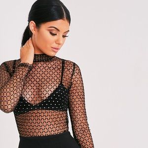 Parva Black Sheer Metallic Flock Thong Bodysuit